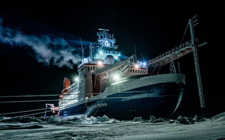 The RV Polarstern, which is drifting on the Arctic Ocean for one year and hosting many scientific experiments. The icebreaker is owned by the Alfred Wegener Institute of Bremerhaven, Germany, and will house more than 600 scientists from more than 20 countries. Photo by Lukas Piotrowski, AWI.