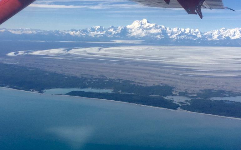  Taking up as much space as Rhode Island, Malaspina Glacier spills onto flats near the Gulf of Alaska. Martin Truffer took this photo from Paul Claus’s plane on another glacier-measuring mission.