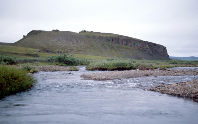 A creek runs beside the Mesa Site in northern Alaska. Photo by Dan Gullickson.