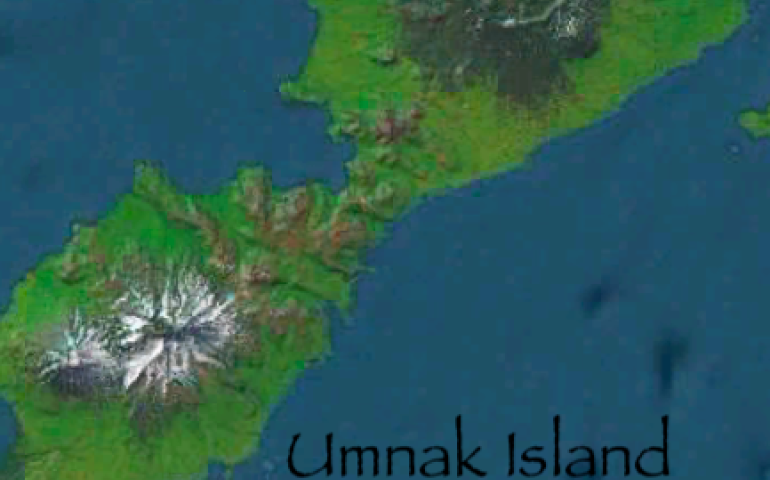 The crater from Mount Okmok’s eruption 2,000 years ago dominates Umnak Island in the Aleutians. From Google Maps.