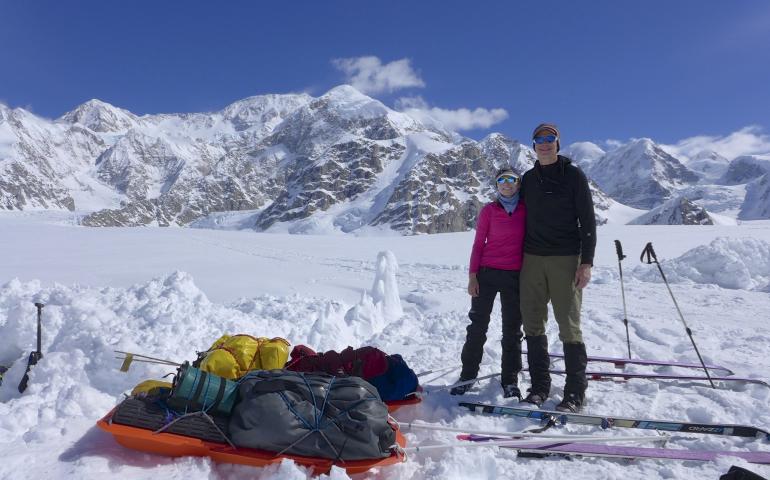 Kara Haeussler and her father Peter pose in front of the Kahiltna Peaks and Denali in June 3, 2014, at the conclusion of a trip during which they climbed mountains and collected rock samples. Photo courtesy of Peter Haeussler.