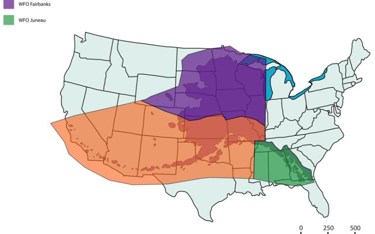 Alaska’s three forecast offices of the National Weather Service — Fairbanks in purple, Anchorage in orange, and Juneau in green — cover areas that would span the Lower 48 states. Graphic courtesy of the National Weather Service.