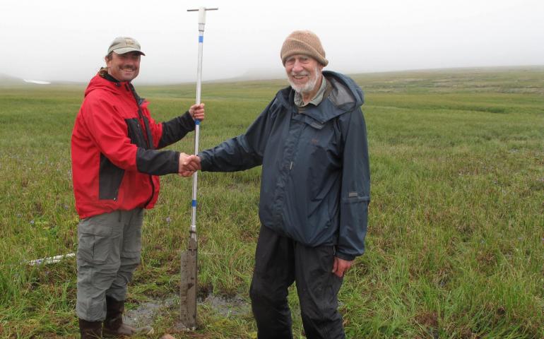 Rich Kleinleder and David Klein on St. Matthew Island in August, 2012, after they pulled a core of sediment from the island. Ned Rozell photo.