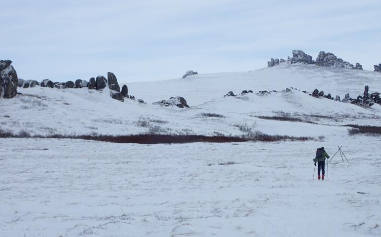John Shook of Fairbanks skis toward Serpentine Hot Springs on the Seward Peninsula. Photo by Ned Rozell.