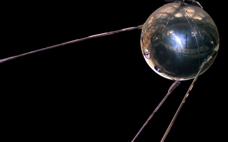 A replica of the first manmade satellite, Sputnik 1, launched by the Russians in 1957 at the start of the Space Age. This replica is in the National Air and Space Museum. NASA public domain photo.