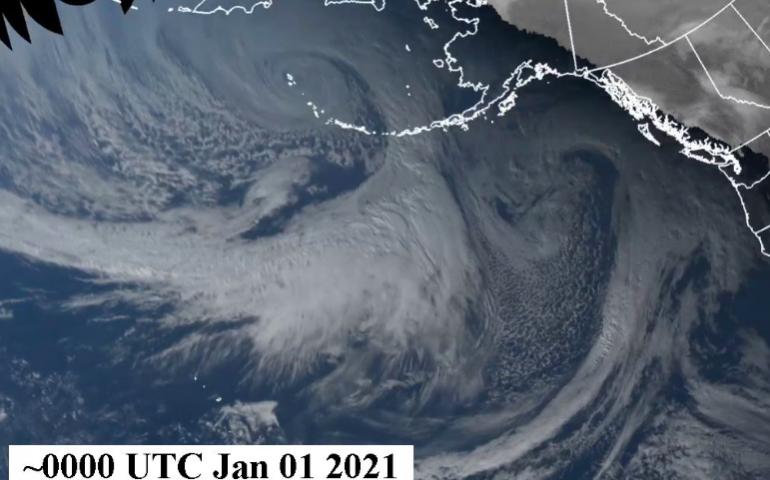 An image of the New Year’s superstorm in the North Pacific Ocean and Bering Sea. Image courtesy National Weather Service Fairbanks Office. 