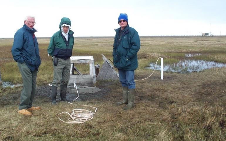 At a permafrost monitoring site near Barrow years ago were researchers Max Brewer, Jerry Brown and Vladimir Romanovsky. Photo by Kenji Yoshikawa.