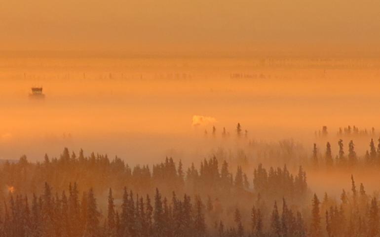 Ice fog, a phrase in Russell Tabbert’s Dictionary of Alaskan English, is not uttered in many other places because to form it takes a sustained temperature of minus 35 F. Ned Rozell photo.