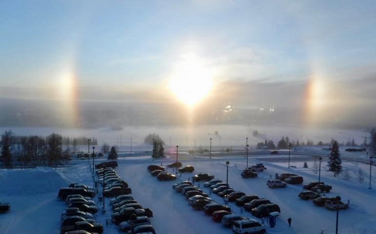 Sundogs seen from the University of Alaska Fairbanks campus on January 23, 2020. Photo by Ned Rozell.