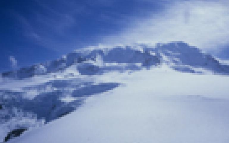  Big Ben is the 9,000-foot volcano that makes up most of Heard Island, a tiny speck of land in the Southern Ocean north of Antarctica. A glacier on the slope of Big Ben has reacted to climate change in identical fashion to many Alaska glaciers. Martin Truffer photo. 