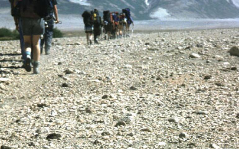  Hikers enter the Valley of Ten Thousand Smokes on the Alaska Peninsula, walking on a sheet of ash and volcanic rock more than 500 feet thick. 