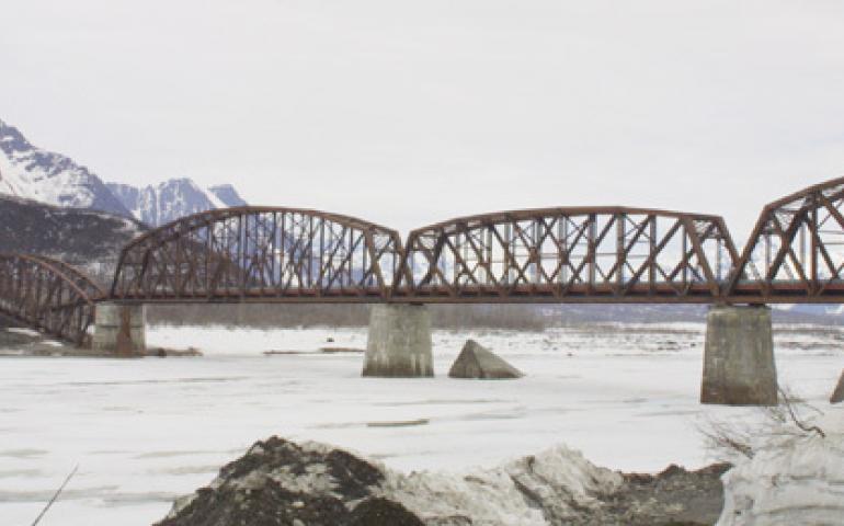  The Million Dollar Bridge, built for $1.4 million and completed in 1910, was the largest construction challenge of the Copper River and Northwestern Railway. The northern span fell in 1964 during the Good Friday Earthquake. photo by Ned Rozell. 