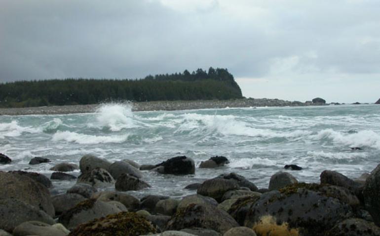  Photo: The tidal current rages at the narrow entrance to Lituya Bay in Southeast Alaska. Ned Rozell photo. 