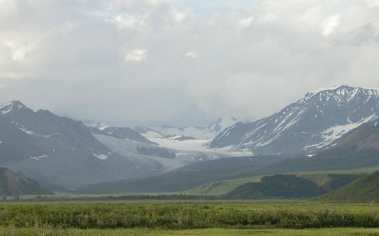 Gulkana Glacier in the Alaska Range received a record amount of snowfall last winter, while most of Alaska was dry. Drivers on the Richardson Highway can see Gulkana Glacier as they head north through Isabel Pass near the Richardson Monument pulloff. Ned Rozell photo. 