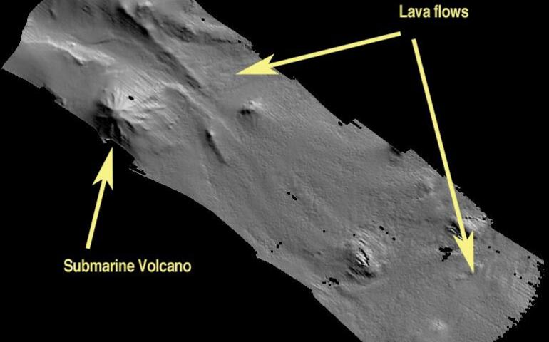  A map of the seafloor southeast of Semisopochnoi Island in the Aleutians, where researchers have discovered a volcano. The image was made with multibeam sonar soundings during a scientific cruise in summer 2003. Image courtesy of Jennifer Reynolds, UAF School of Fisheries and Ocean Sciences. 