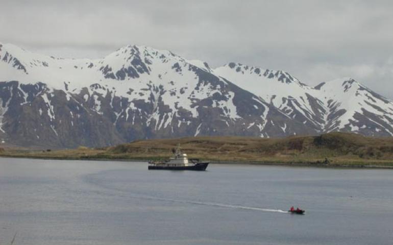  The Tiglax, a research ship for the Alaska Maritime National Wildlife Refuge, anchored off Attu island, the westernmost place in Alaska. Photo by Ned Rozell. 