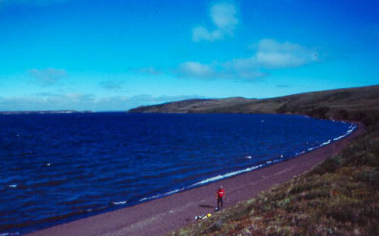  Tim Tannenbaum stands on the shore of Devil Mountain Lakes maar, a volcanic crater on the northern Seward Peninsula and the largest of its type in the world. Jim Beget photo. 