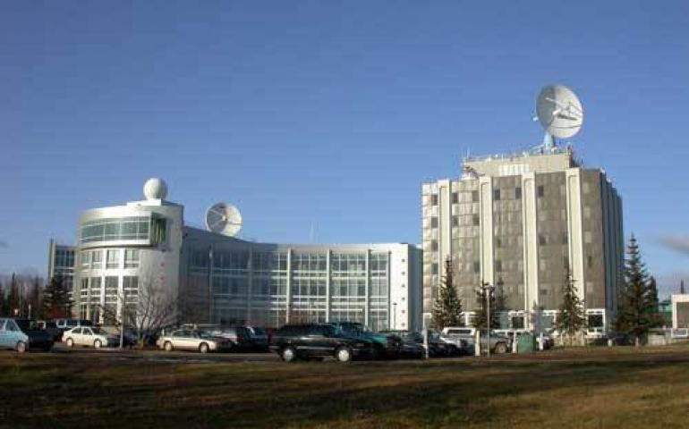  The Alaska Satellite Facility uses the 10-meter receiving antenna on top of UAF’s Elvey Building, at right, on the west ridge of the UAF campus. The building at left is the International Arctic Research Center. Photo by Ned Rozell. 