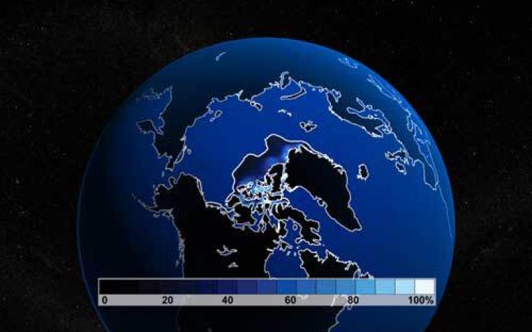  Researchers at the National Center for Atmospheric Research created these images that show northern sea ice extent in summer 2000 and their modeled version of the year 2040, when sea ice is gone. Illustrations courtesy the University Corporation for Atmospheric Research. 
