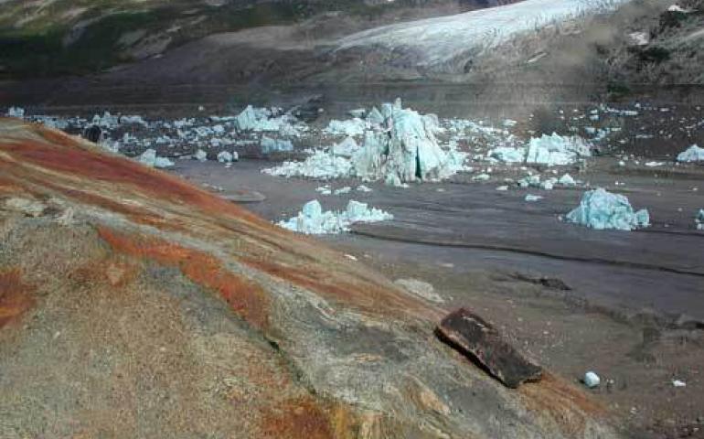  After holding water for centuries, Iceberg Lake in the Wrangell-St. Elias Mountains drained in 1999 and has lost its water every year since except 2001. Photo by Mike Loso. 