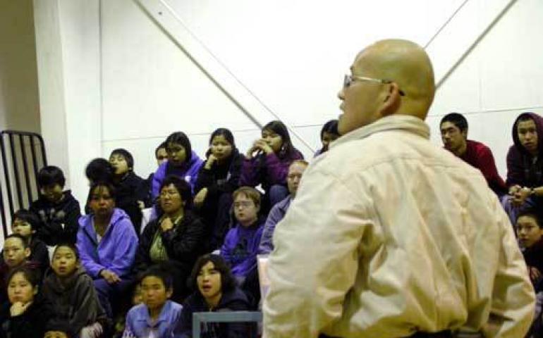  Permafrost scientist Kenji Yoshikawa speaks to students in Emmonak. Photo by Ned Rozell. 