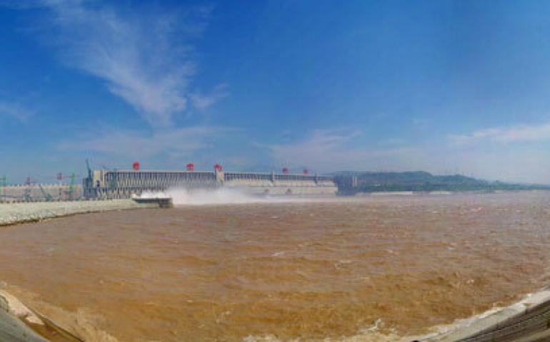  Three Gorges Dam in China. The concrete facing of the dam is one mile long. Three Gorges Dam promotional photo. 