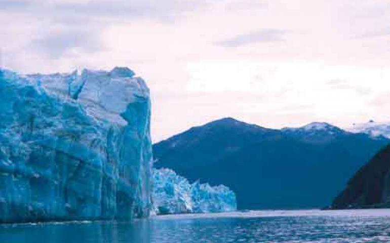  Hubbard Glacier, restless as ever, calves into Disenchantment Bay north of Yakutat. Photo by Ned Rozell. 