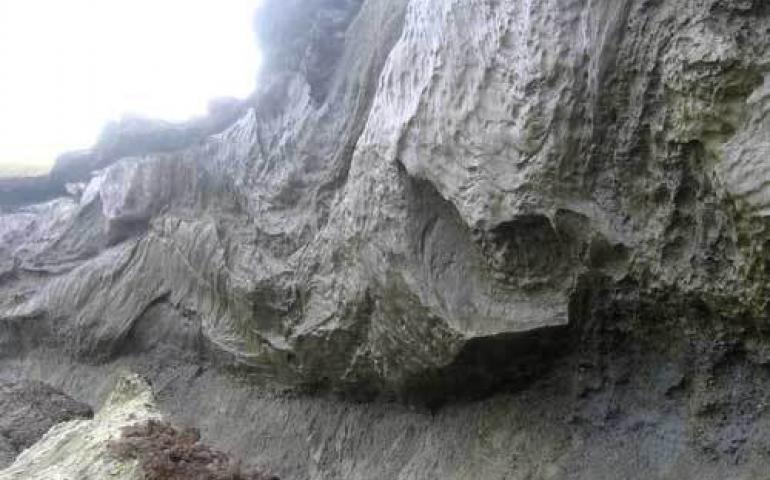  An ancient glacier that scientists recently found exposed off Alaska’s northern coast near Kaktovik. Photo by Torre Jorgenson. 