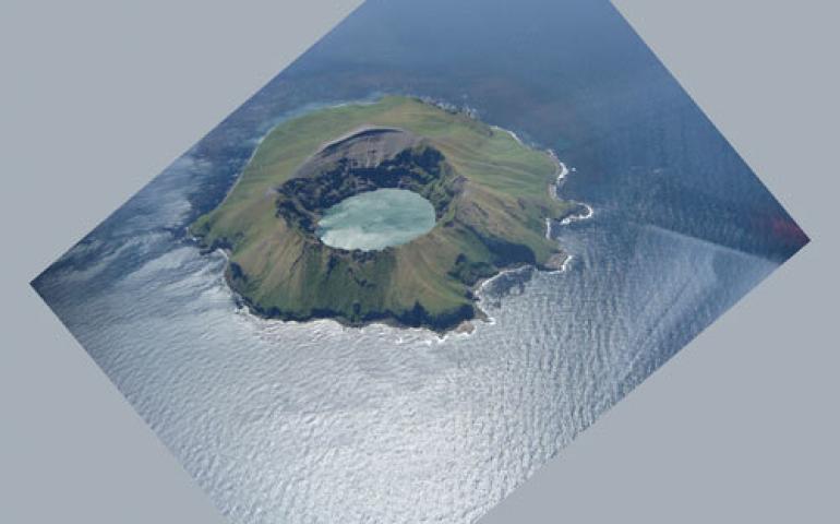  Kasatochi Island before the Aug. 7, 2008 eruption. Photo by pilot Jerry Morris of Security Aviation, courtesy of the Alaska Volcano Observatory. 