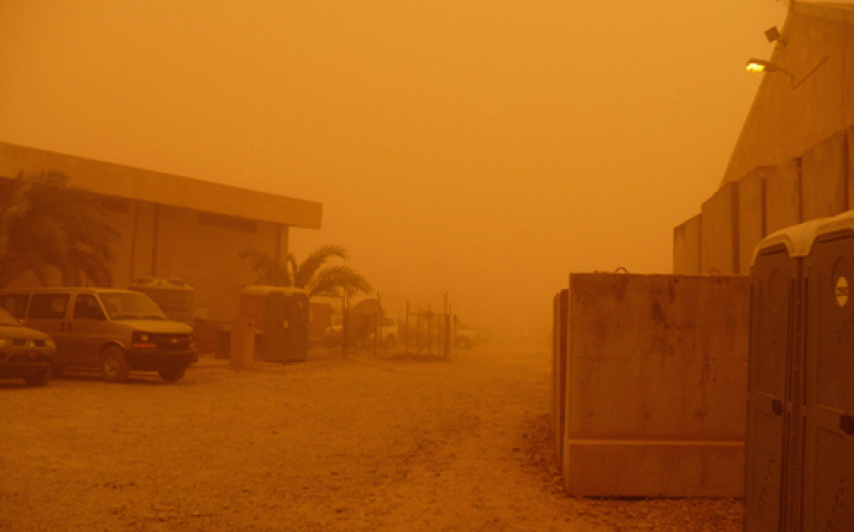 An Army camp in Baghdad during a sandstorm. Photos by Army Major Kevin L. Geisbert.