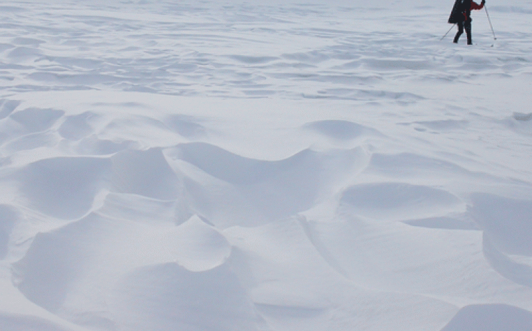 One of the best things about snow-skiing. Michael Gibson skis down Skolai Creek in April 2009. Photo by Ned Rozell.