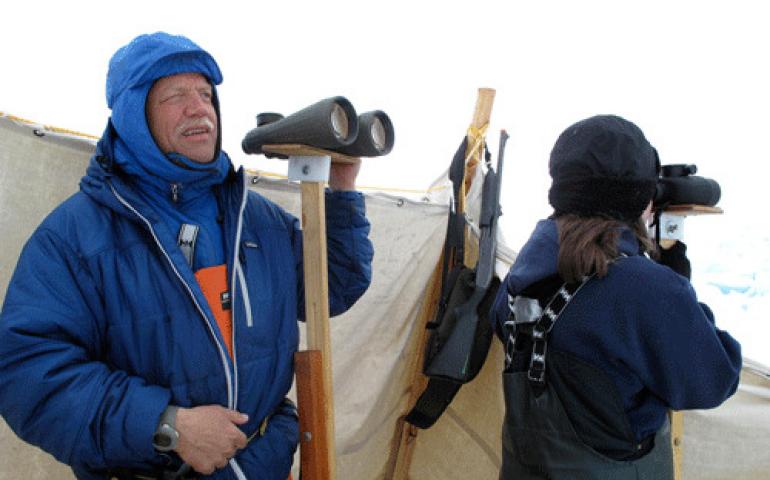  Craig George, left, and Leslie Pierce look for bowhead whales north of Barrow. 