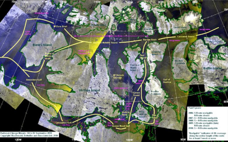  Yellow lines on this mosaic of satellite images show possible sailing routes through the Northwest Passage in early September 2010. Image courtesy of the Canadian Ice Service, copyright MacDonald, Dettwiler and Associates Ltd. 2010.