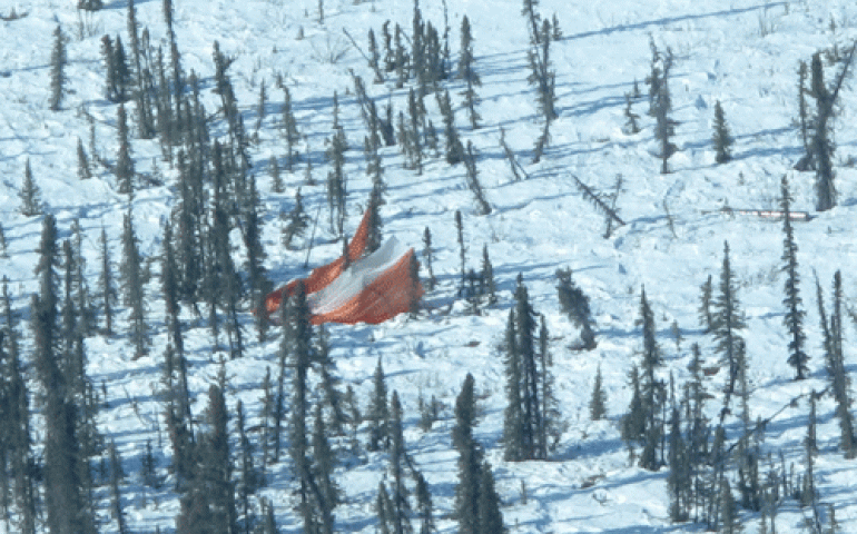A parachute and a rocket payload as seen from a small aircraft over northern Alaska the same day the rocket launched from Poker Flat Research Range in Chatanika, Alaska, 170 miles away.
