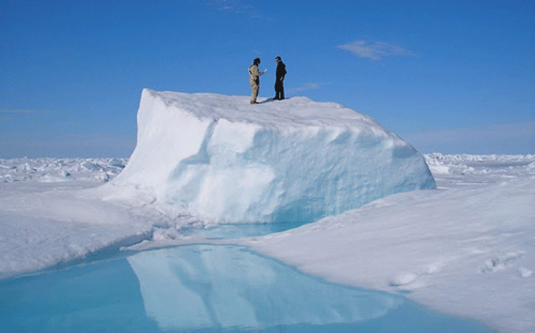 Matt Druckenmiller, right, and his research advisor Hajo Eicken, a professor of Geophysics, on an ice floe near Barrow. Photo by Daniel Pringle.