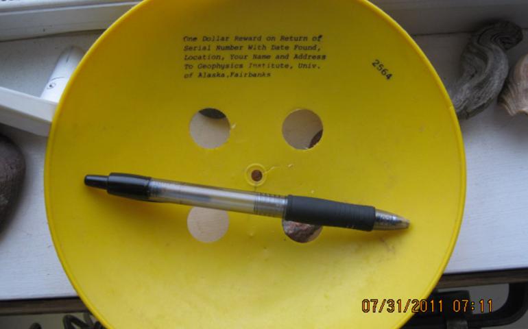 A plastic disc from an experiment 30 years ago, found by Paul Boots on Alaska’s North Slope in late July 2011. Photos by Paul Boots.