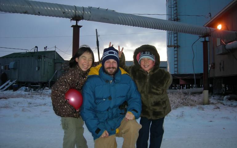 Aaron Cooke in the village of Newtok, Alaska, 100 miles west of Bethel. Photo courtesy Aaron Cooke.