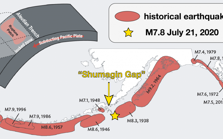 All the large recent earthquakes on the Aleutian Subduction Zone, including the magnitude 7.8 in the “Shumagin Gap” that occurred July 21, 2020. Graphic courtesy Alaska Earthquake Center.