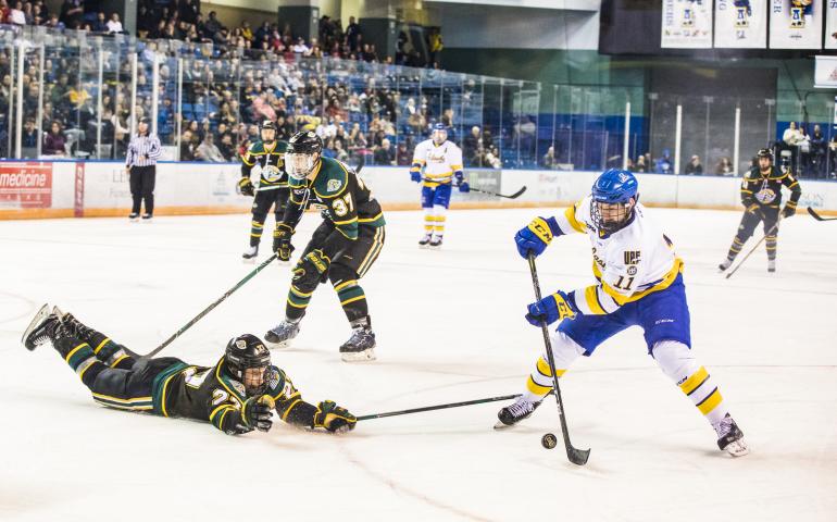 University of Alaska Fairbanks hockey team forward Steven Jandric in action against the UAA Seawolves. Photo by JR Ancheta, UAF Photography.