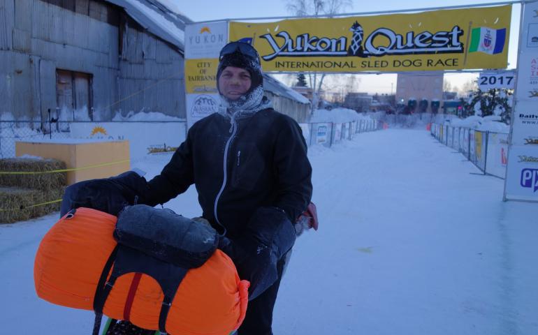 Jeff Oatley arrives in Fairbanks from Skagway on Feb. 16, 2017. He was halfway to Nome on a 1,818-mile bike ride on snowmachine trails. Photo by Ned Rozell.
