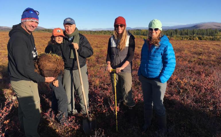 Bob Bolton with a plug of northern tundra soil from the Seward Peninsula extracted during a field trip in early September 2017. To Bolton’s left are Anne Gust Brown, Jerry Brown, Lydia Vaughn of the University of California Berkeley and Amy Breen, like Bolton a scientist with the International Arctic Research Center at UAF. Photo by Evan Westrup.