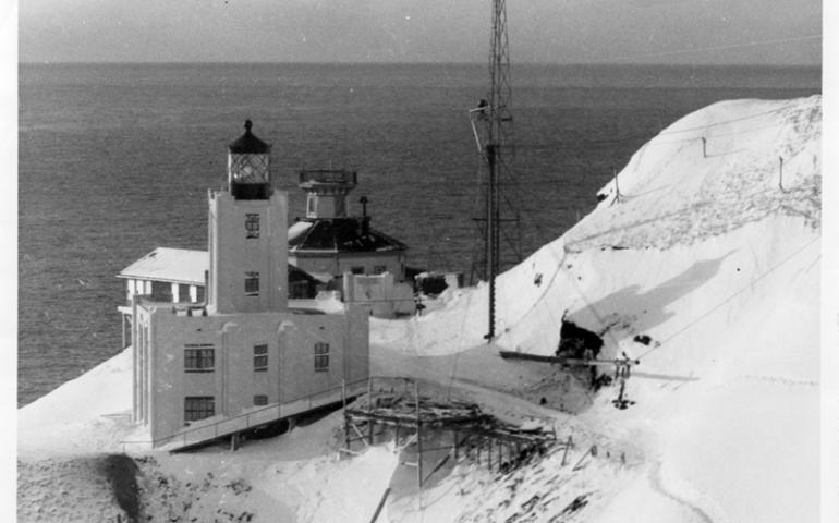 Scotch Cap Lighthouse, on the southwest shore of Unimak Island, before the giant wave of April 1, 1946. NOAA/NGDC, Coast Guard photos.