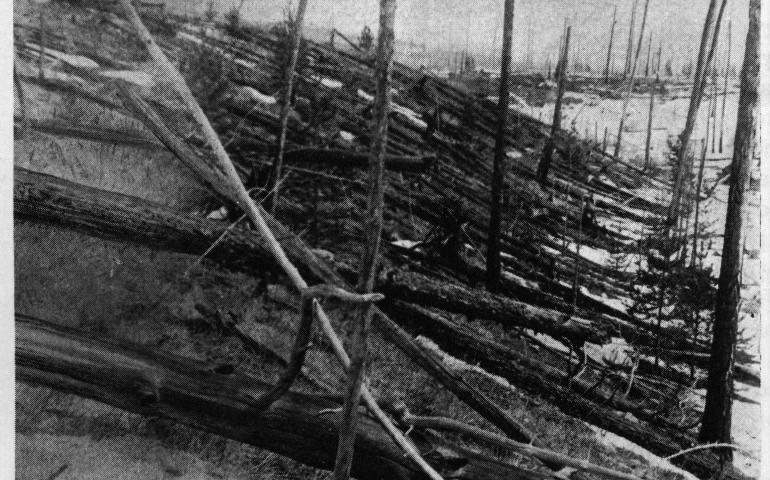 A photo from the Leonid Kulik expedition to the Tunguska region of Russia in 1929. A meteorite or comet knocked down millions of trees in one of the largest space-object-meets-Earth events in recorded history. Credit: Leonid Kulik Expedition, St. Petersburg Museum.