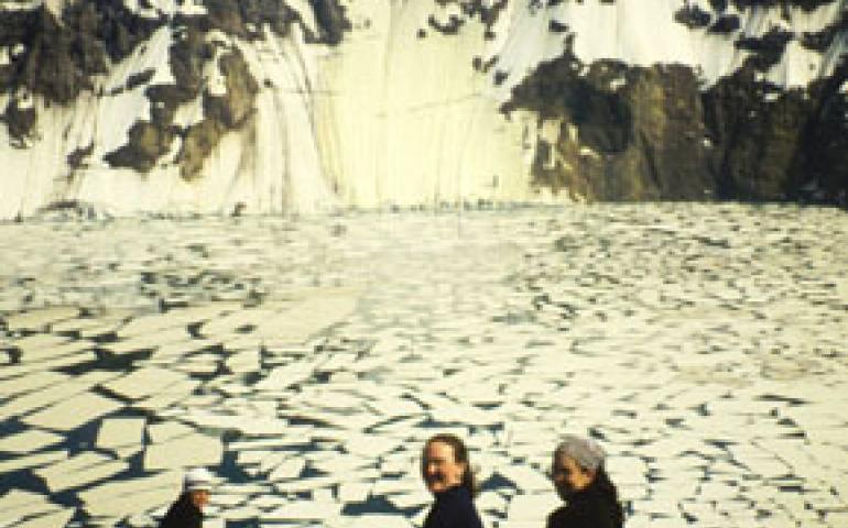  (Katmai caldera) At the summit of Mount Katmai, three hikers sit on the rim of a crater lake that was a mountaintop before 1912. From left are Nathan Eichelberger, Amanda Austin and Diana Roman, who visited Mount Katmai on a field trip in June, 2001. 