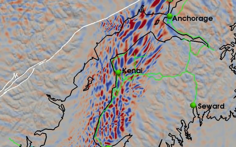 A frame from Tape’s simulations of the 7.1 earthquake that shows the shape of Cook Inlet Basin and the dramatic shaking within. Courtesy of Carl Tape.