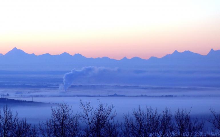 Fairbanks within deep ice fog during a cold snap in January 2017.