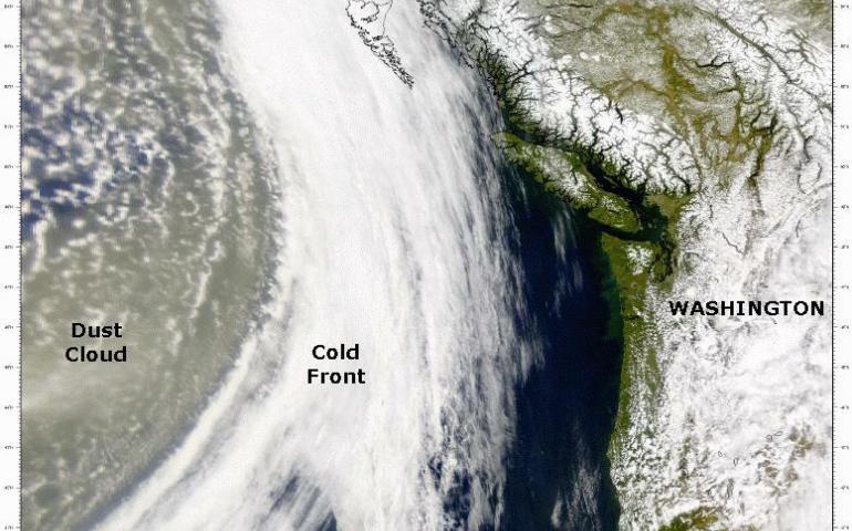  The cloud carrying sand and dust from Asian deserts approaches Southeast Alaska, British Columbia, and the west coast of the United States on April 11, 2001. Image provided by the SeaWiFS Project, NASA/Goddard Space Flight Center, and ORBIMAGE 