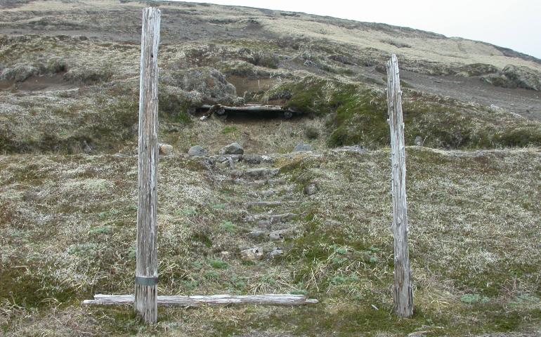 One of six Shinto shrines on Kiska Island, a remnant of 14 months of Japanese occupation of the island in World War II. Photo by Ned Rozell.