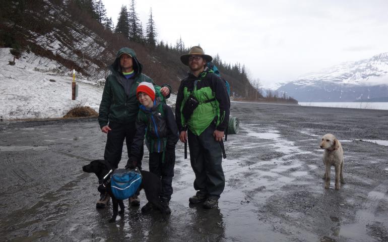  From left, Ned Rozell and his friends Ian and Chris Carlson prepare to start hiking the path of the trans-Alaska pipeline in Valdez. Photo by Kristen Rozell. 
