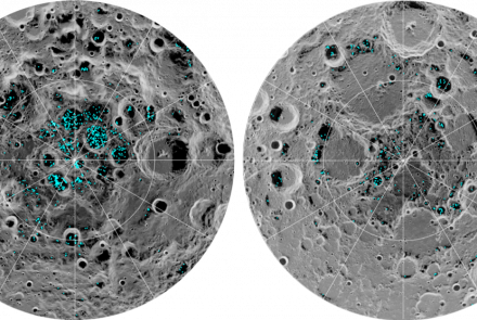 The image shows the distribution of surface ice at the moon’s south pole (left) and north pole (right), detected by NASA’s Moon Mineralogy Mapper instrument in 2009. Blue represents the ice locations, and the gray scale corresponds to surface temperature. Photo courtesy of NASA